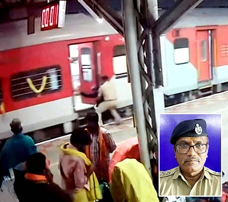 ரயிலில் இருந்து தவறிவிழுந்த ஐயப்ப பக்தா்: விரைந்து காப்பாற்றிய உதவி ஆய்வாளா்