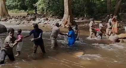 ராஜபாளையத்தில் 20 பேரை ஆற்றை கடக்க உதவி செய்த வனத் துறையினா்